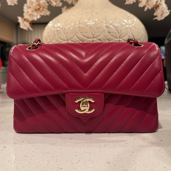 CHANEL Handbags - CHANEL 18B raspberry pink Classic double flap Chevron quilted, small